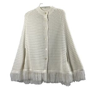 Womens‎ Poncho Cape Ivory White One Size Knit Fringe Button Up